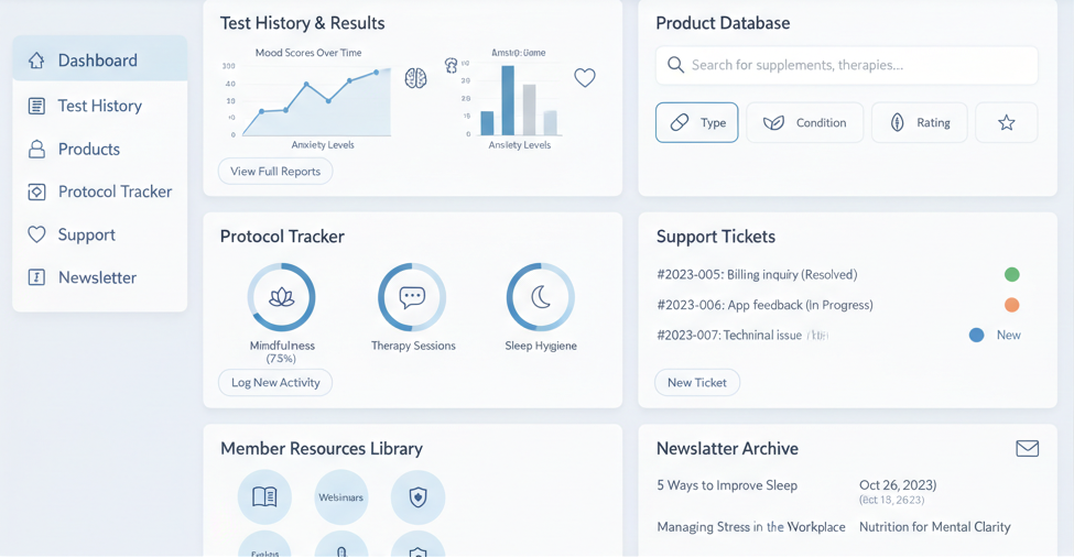 create a image of a dashboard for a user that shows the metal health of the user options like : - Test history and results
- Product database search
- Protocol tracker
- Support tickets
- Member resources
- Newsletter archive